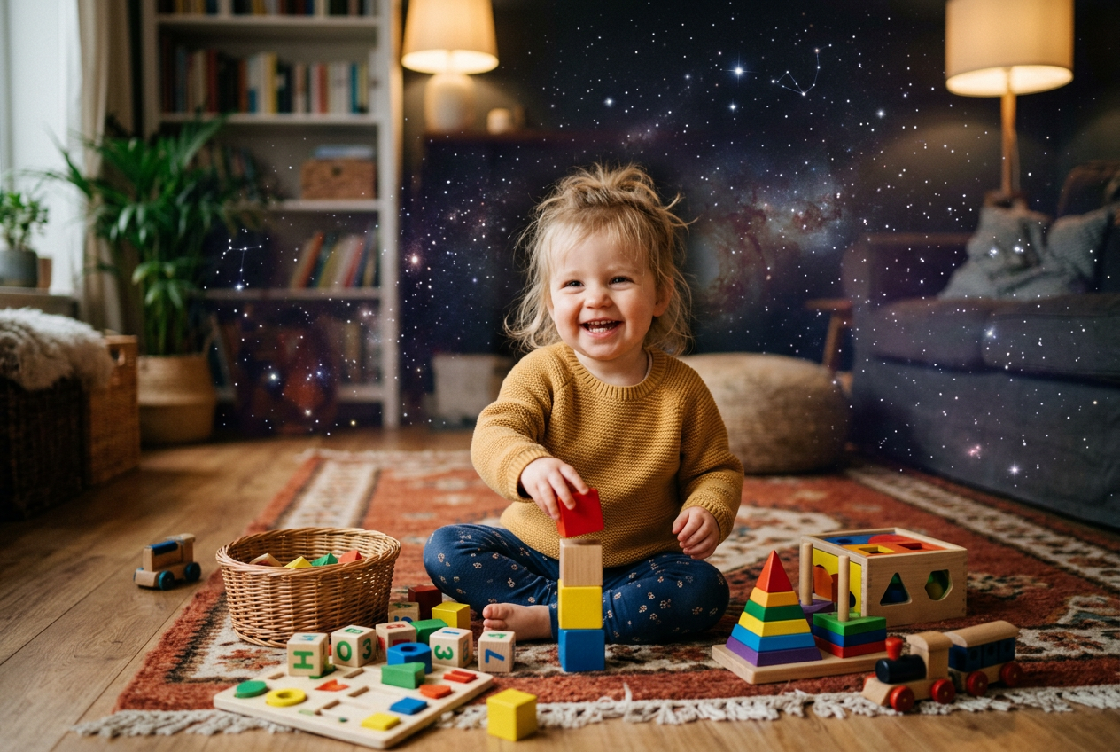 Child happily playing with wooden educational toys at home
